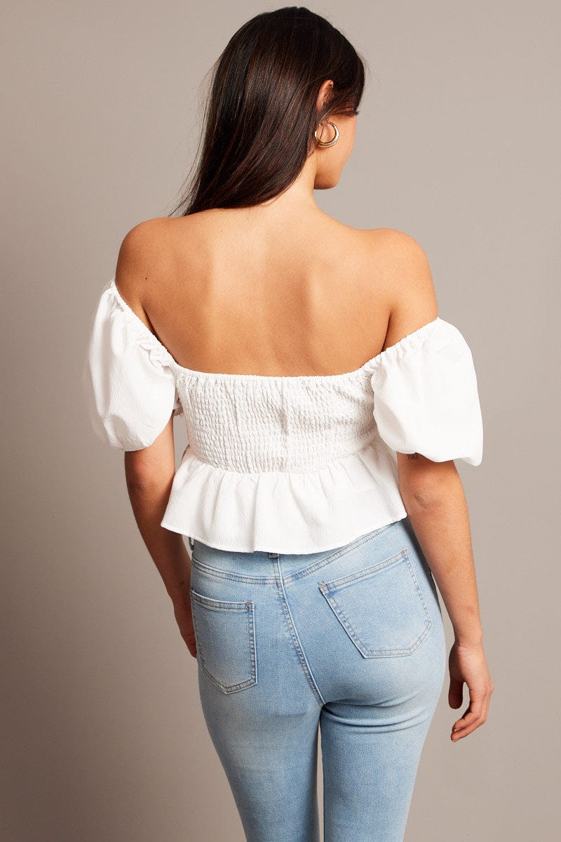 White Peplum Top Short Sleeve Ruched for Ally Fashion