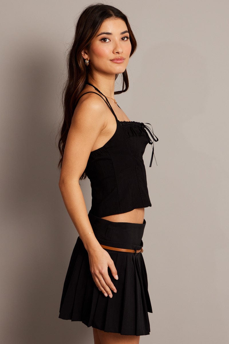 Black Cami Top Sleeveless Ruched Ribbon for Ally Fashion