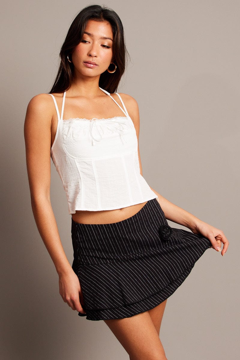 White Cami Top Sleeveless Ruched Ribbon for Ally Fashion