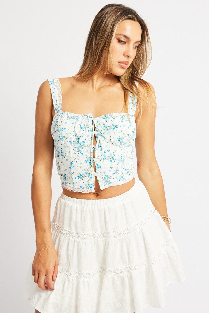 Blue Floral Cami Button Up Tie Front | Ally Fashion
