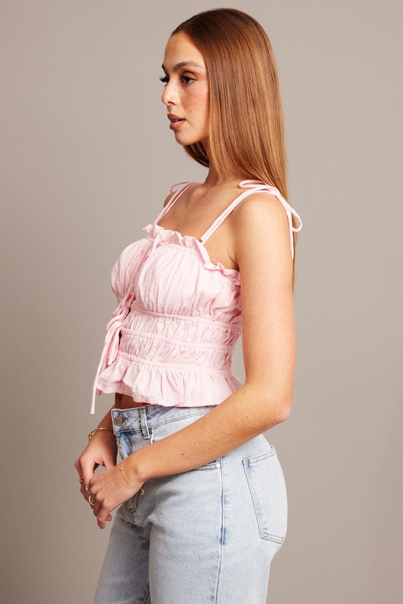 Pink Cami Top Sleeveless Tie Front Textured for Ally Fashion