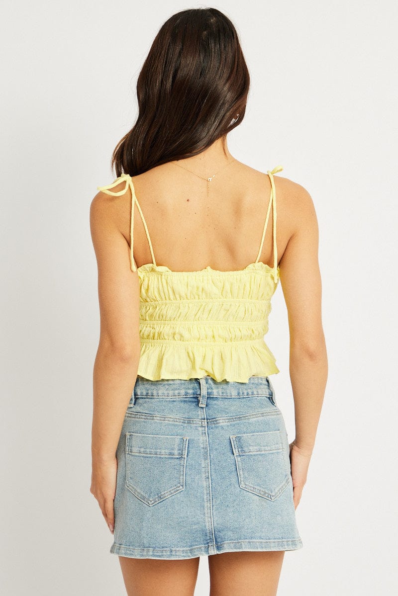 Yellow Cami Top Sleeveless Tie Front Textured for Ally Fashion