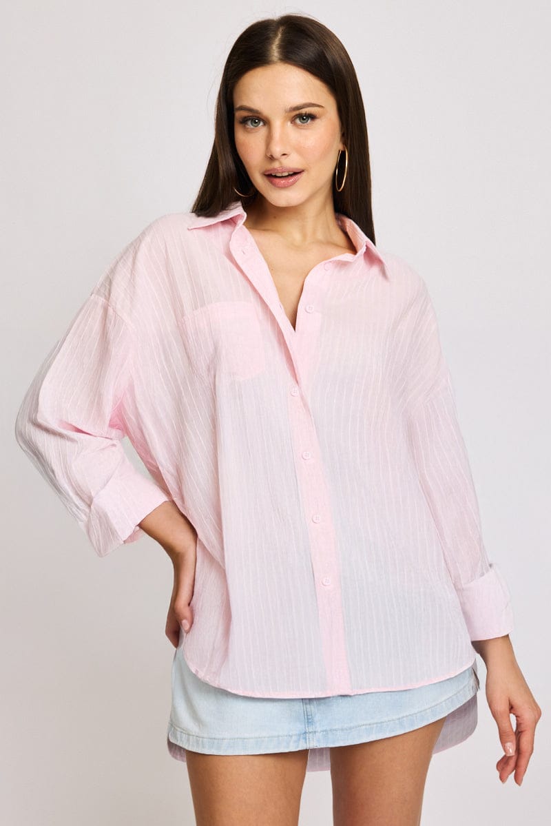 Pink Long Sleeve Shirt Button Up Collared Self-striped for Ally Fashion