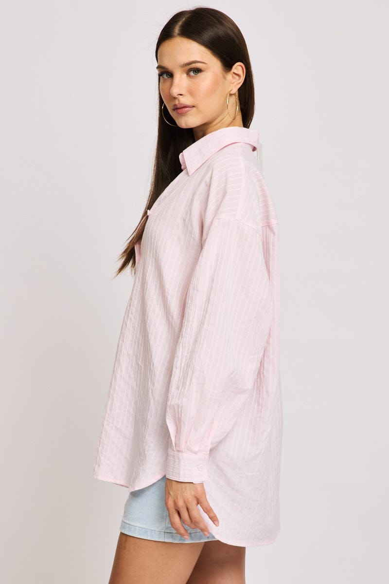 Pink Long Sleeve Shirt Button Up Collared Self-striped for Ally Fashion