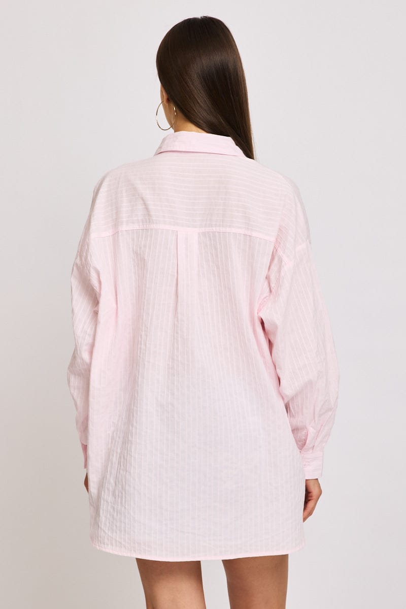 Pink Long Sleeve Shirt Button Up Collared Self-striped for Ally Fashion