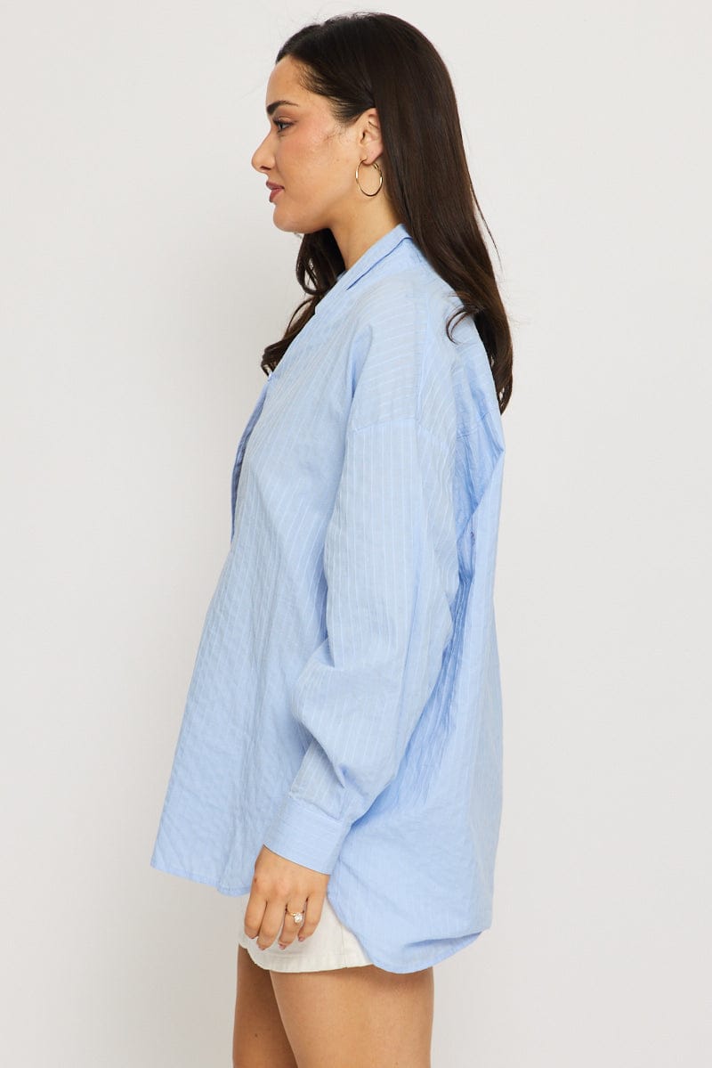 Blue Long Sleeve Shirt Button Up Collared Self-striped for Ally Fashion