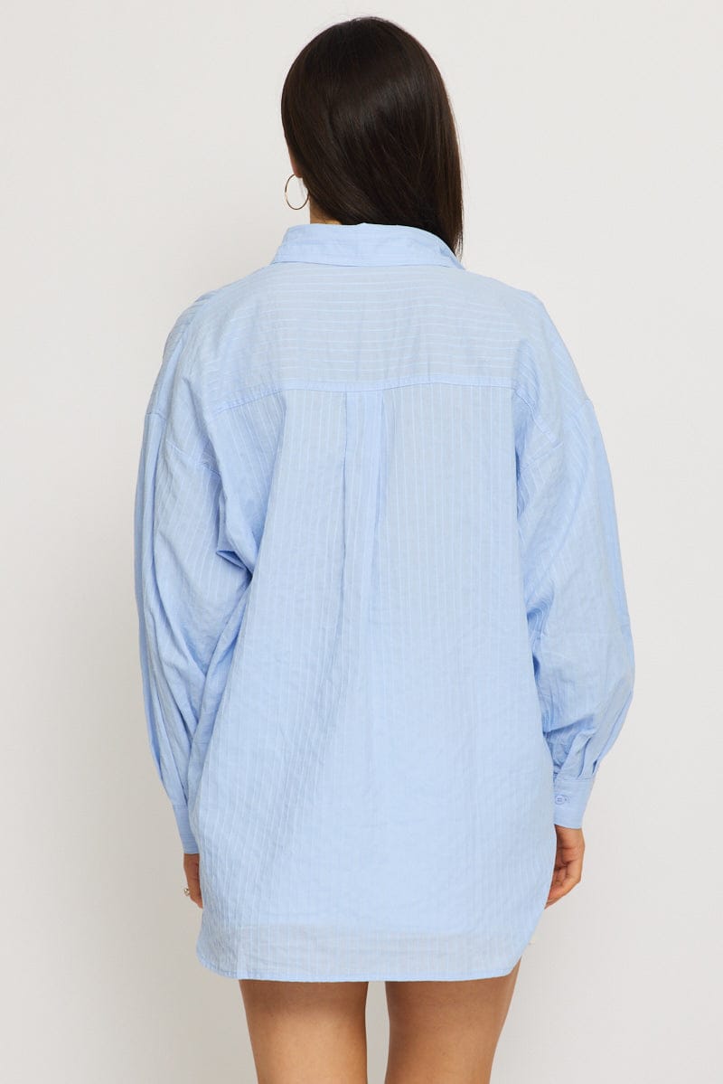 Blue Long Sleeve Shirt Button Up Collared Self-striped for Ally Fashion