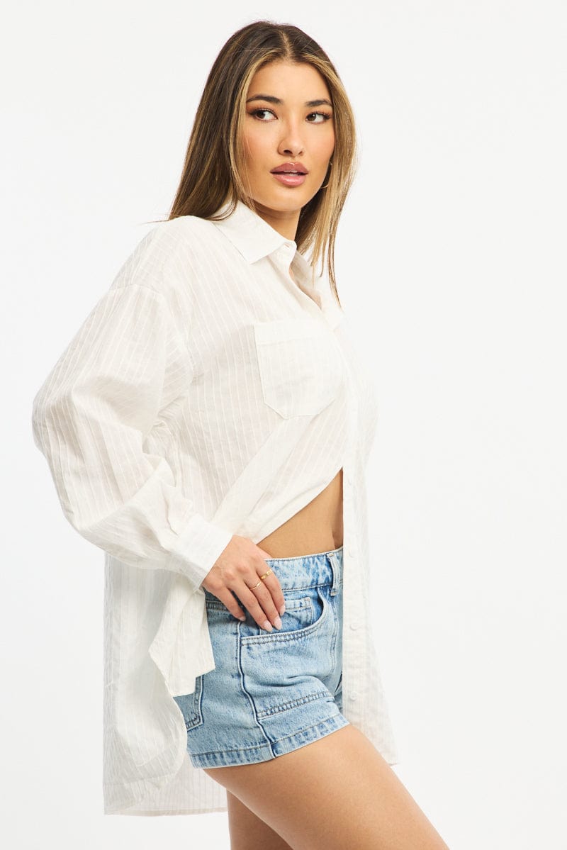 White Long Sleeve Shirt Button Up Collared Self-striped for Ally Fashion