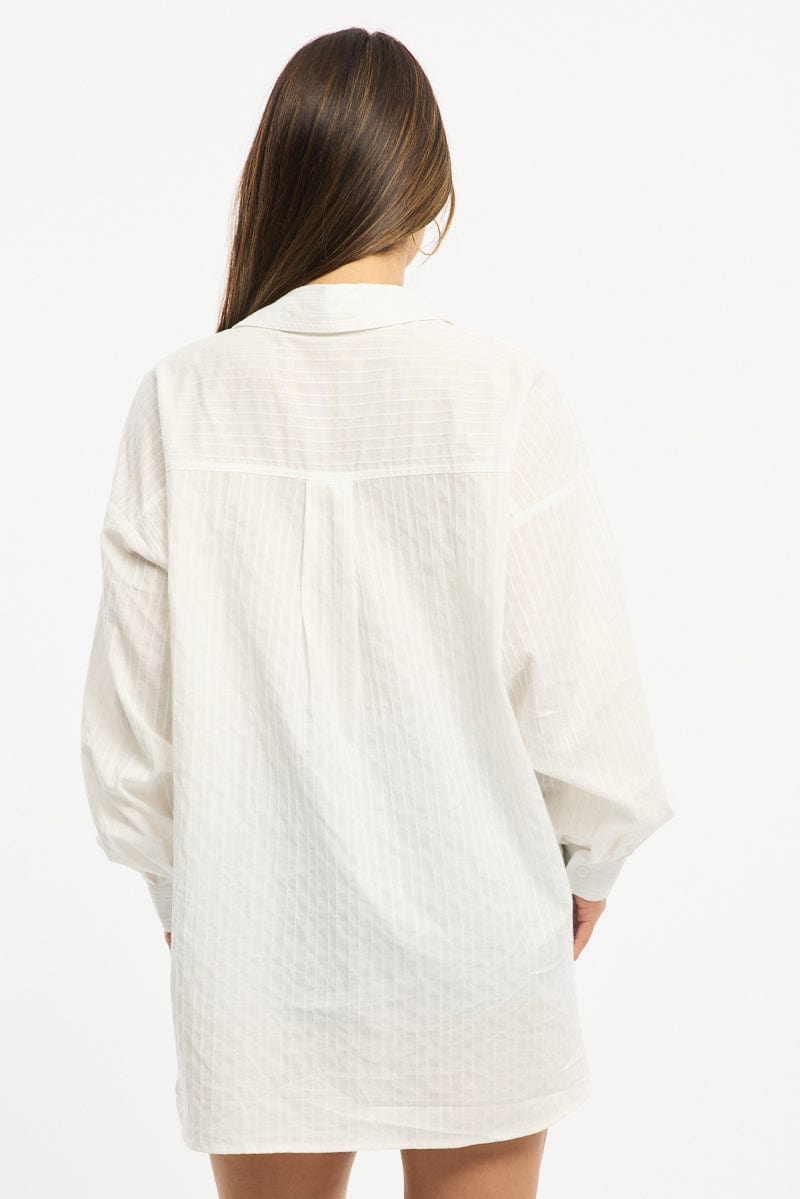 White Long Sleeve Shirt Button Up Collared Self-striped for Ally Fashion