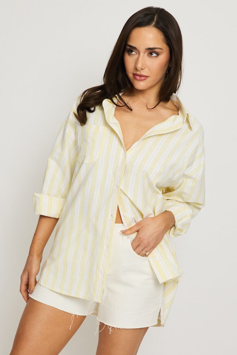 Yellow Stripe Long Sleeve Shirt Button Up Collared for Ally Fashion