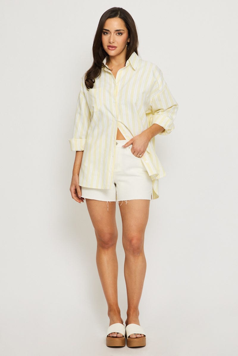 Yellow Stripe Long Sleeve Shirt Button Up Collared for Ally Fashion