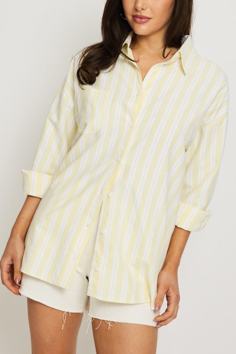 Yellow Stripe Long Sleeve Shirt Button Up Collared for Ally Fashion