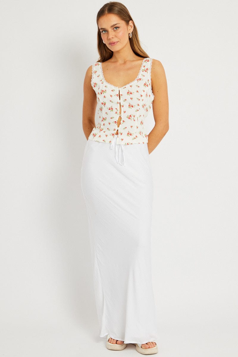 White Ditsy Floral Top Sleeveless Tie Front for Ally Fashion