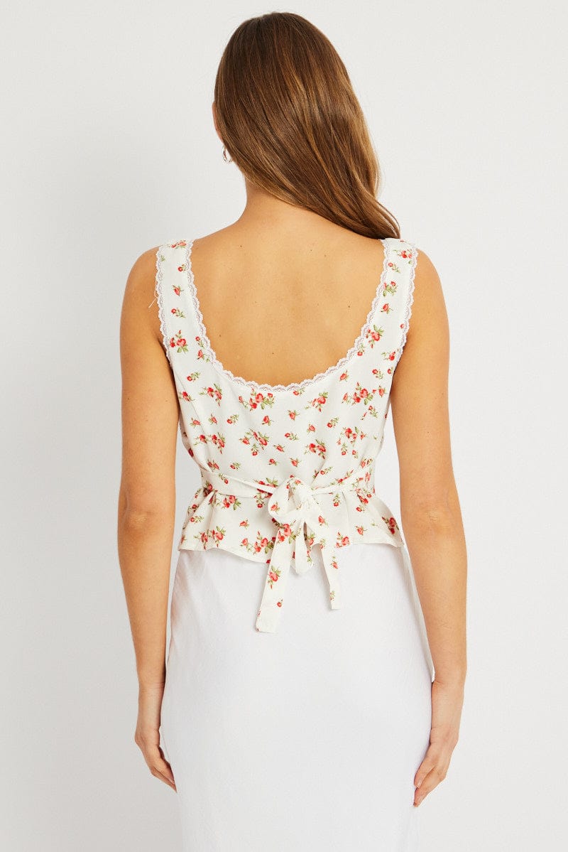 White Ditsy Floral Top Sleeveless Tie Front for Ally Fashion