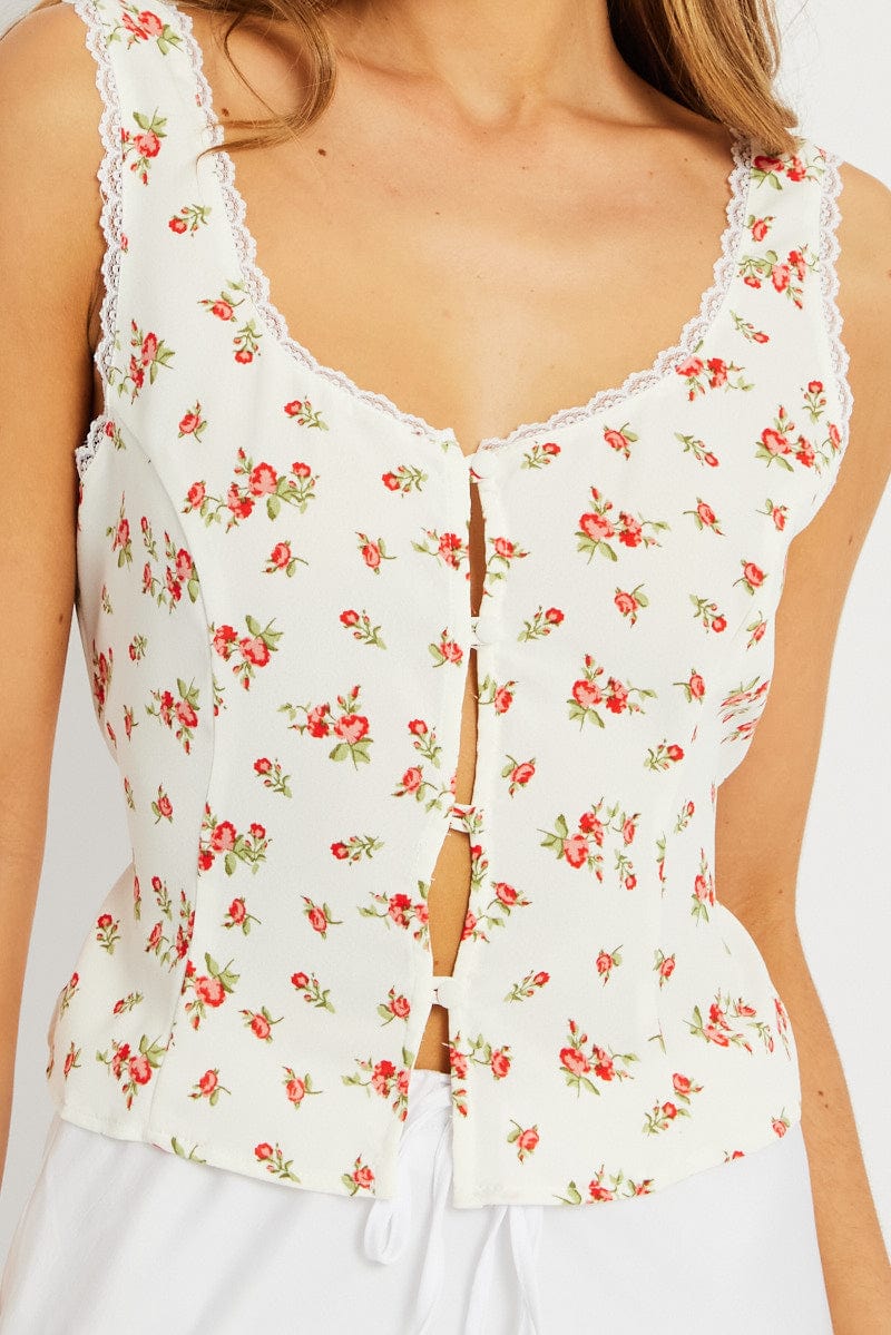 White Ditsy Floral Top Sleeveless Tie Front for Ally Fashion