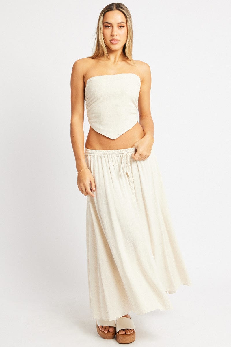 Beige Scarf Top Boob Tube Shirred Back Linen Blend | Ally Fashion