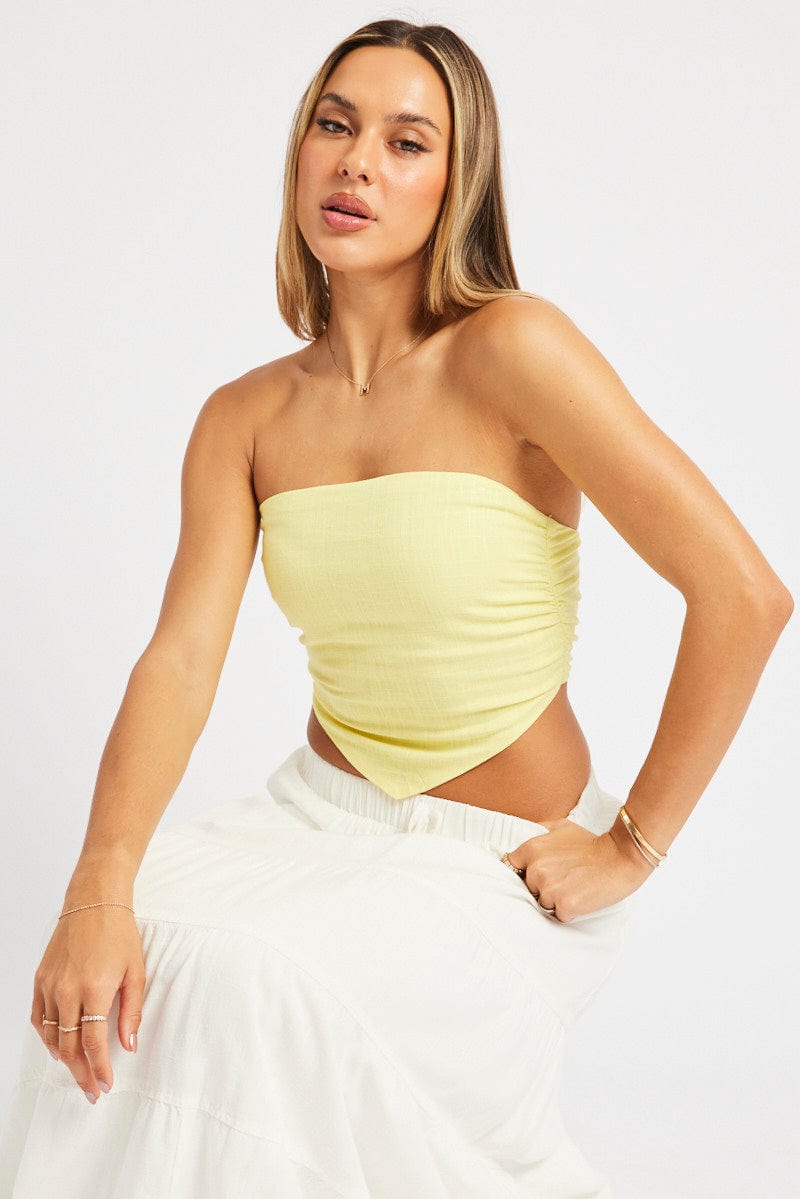 Yellow Scarf Top Boob Tube Shirred Back Linen Blend | Ally Fashion