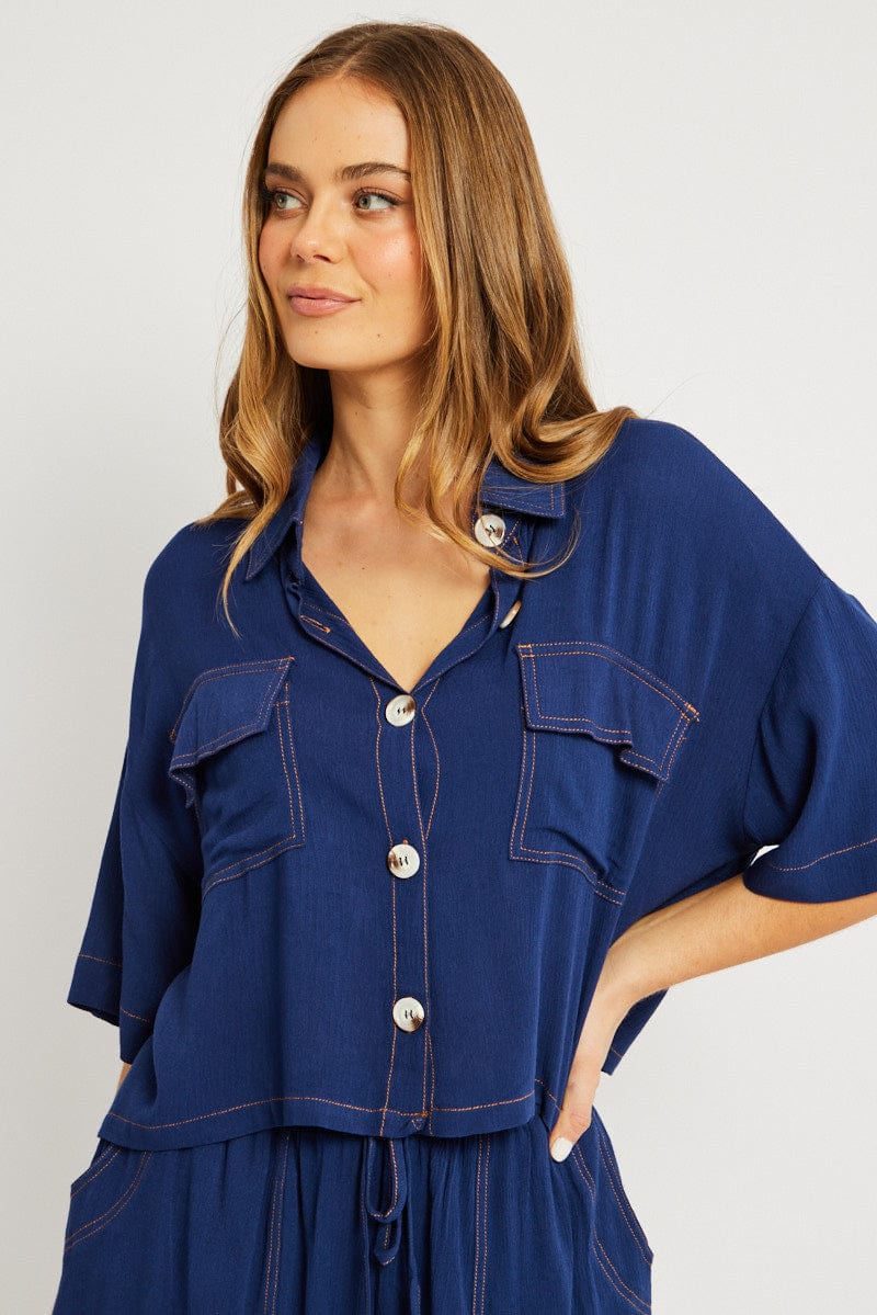 Blue Relaxed Shirt Short Sleeve for Ally Fashion