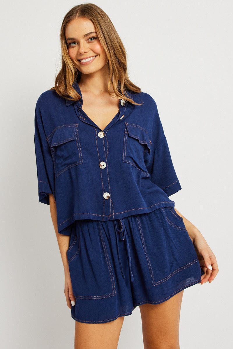 Blue Relaxed Shirt Short Sleeve for Ally Fashion