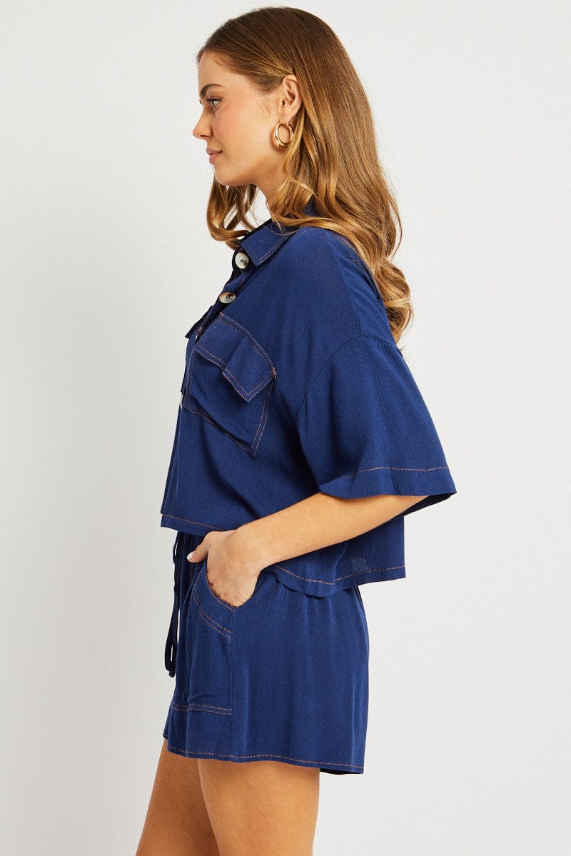 Blue Relaxed Shirt Short Sleeve for Ally Fashion