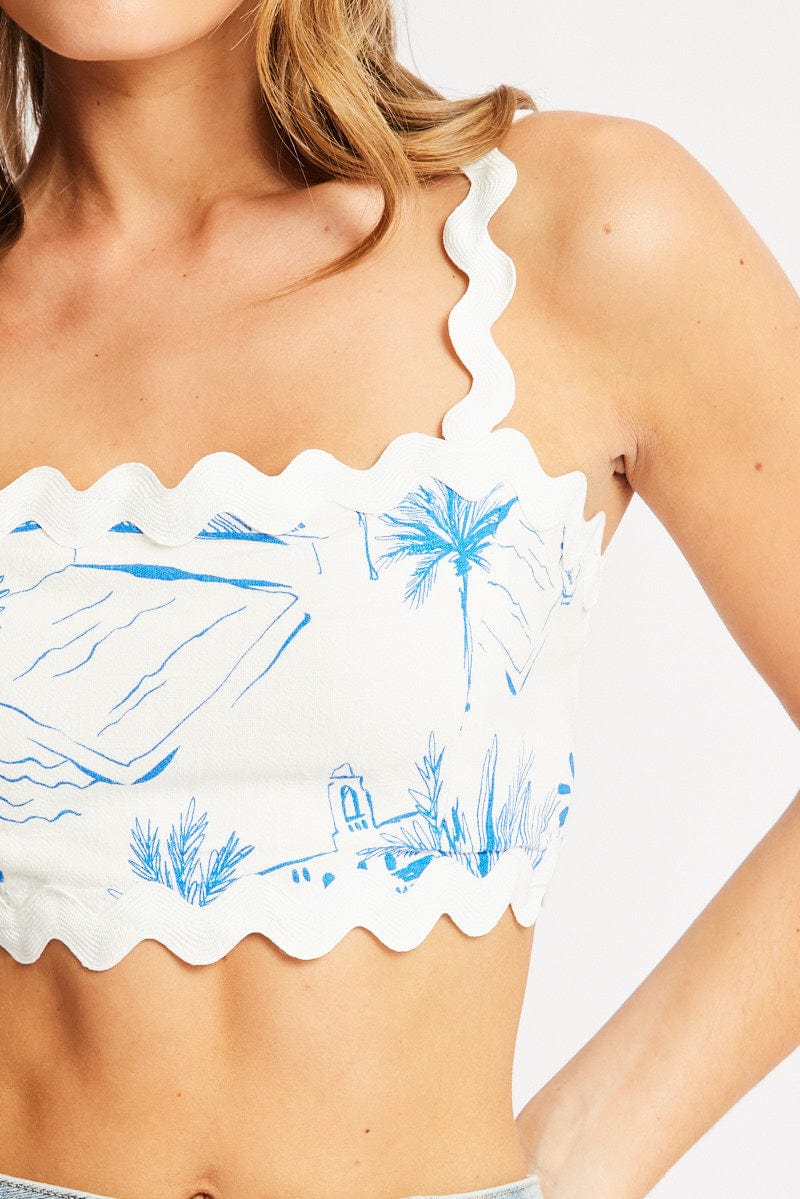 Blue Abstract Crop Top Tie Back Linen Blend for Ally Fashion