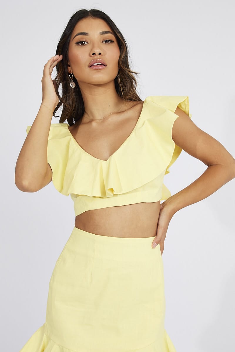 Yellow Plunge Crop Top Ruffle Shoulders for Ally Fashion