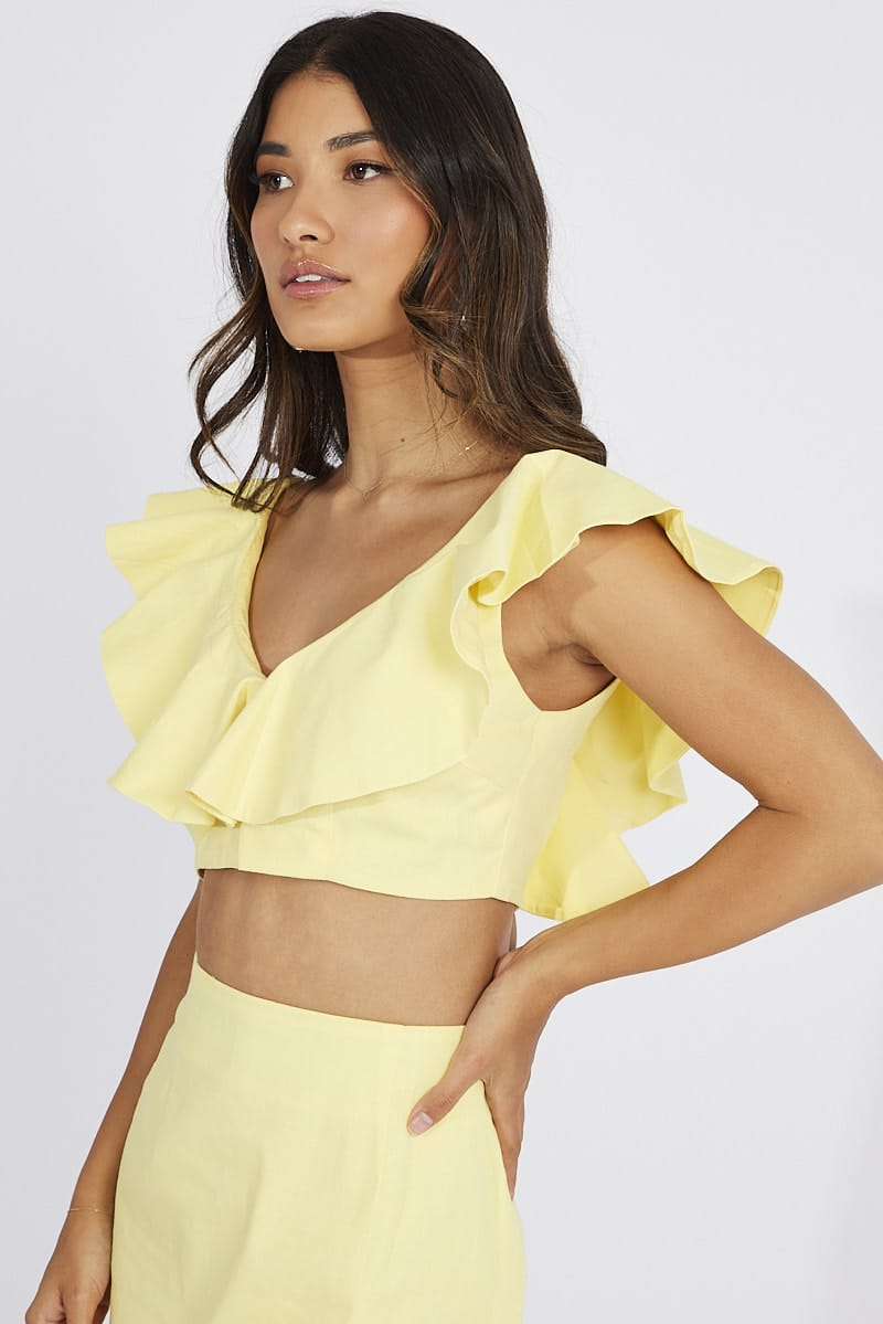 Yellow Plunge Crop Top Ruffle Shoulders for Ally Fashion