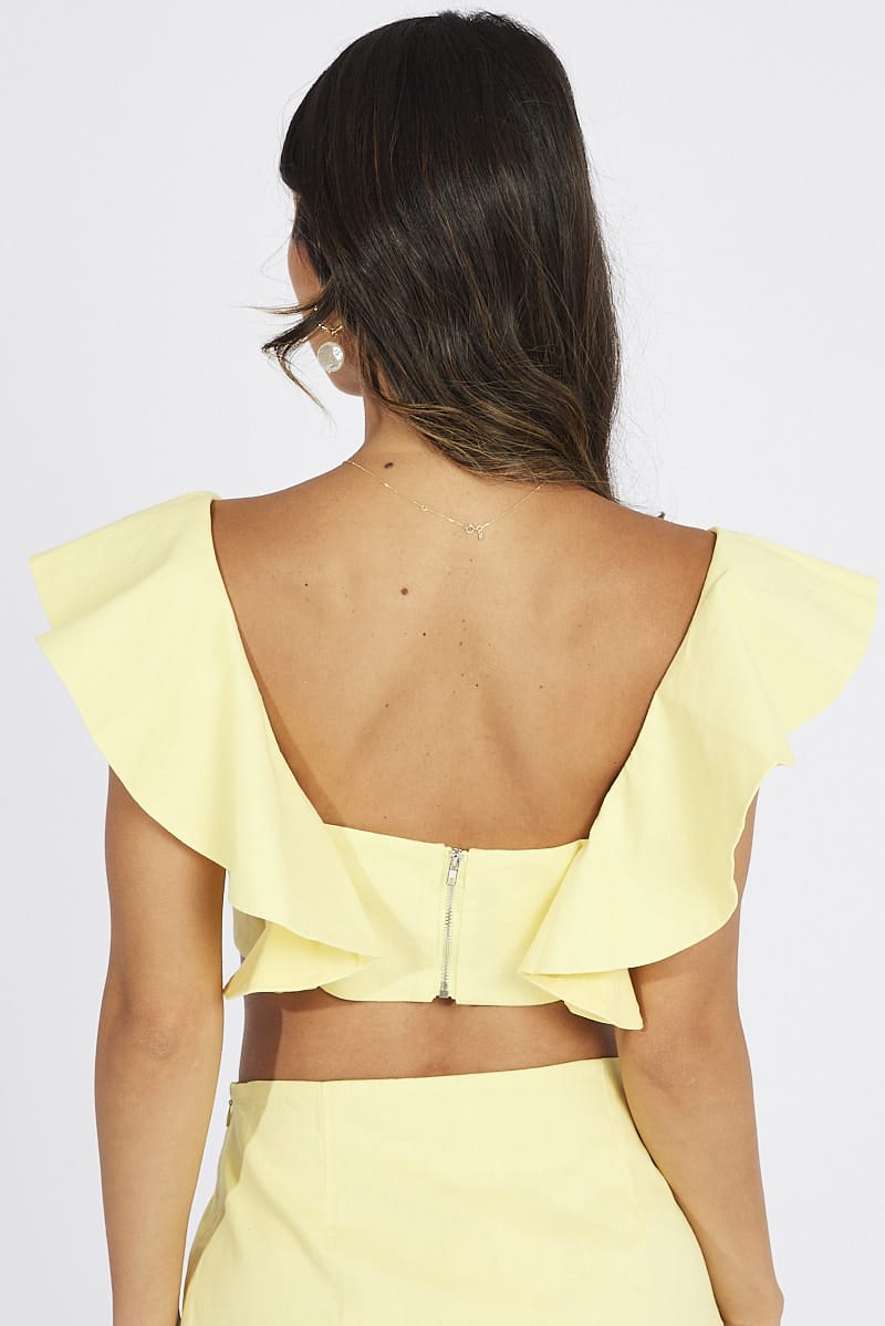 Yellow Plunge Crop Top Ruffle Shoulders for Ally Fashion