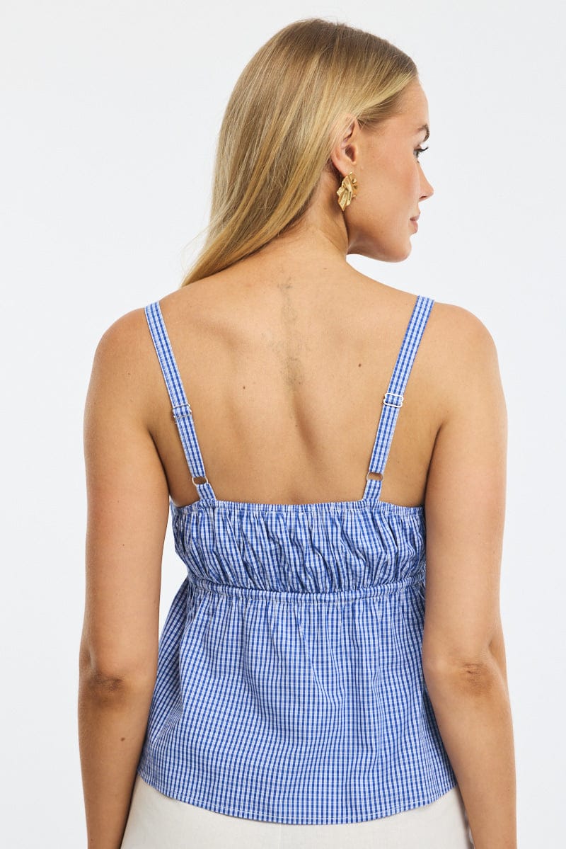 Blue Check Cami Top Sleeveless Front Tie Babydoll | Ally Fashion