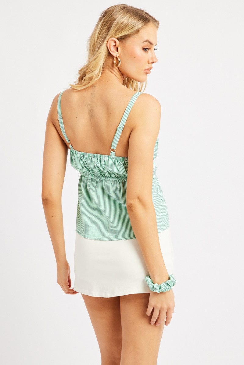 Green Stripe Cami Top Sleeveless Gathered for Ally Fashion