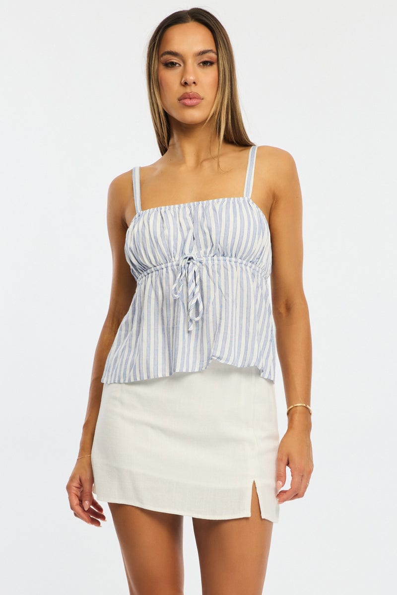 Blue Stripe Cami Top Sleeveless Front Tie Babydoll for Ally Fashion
