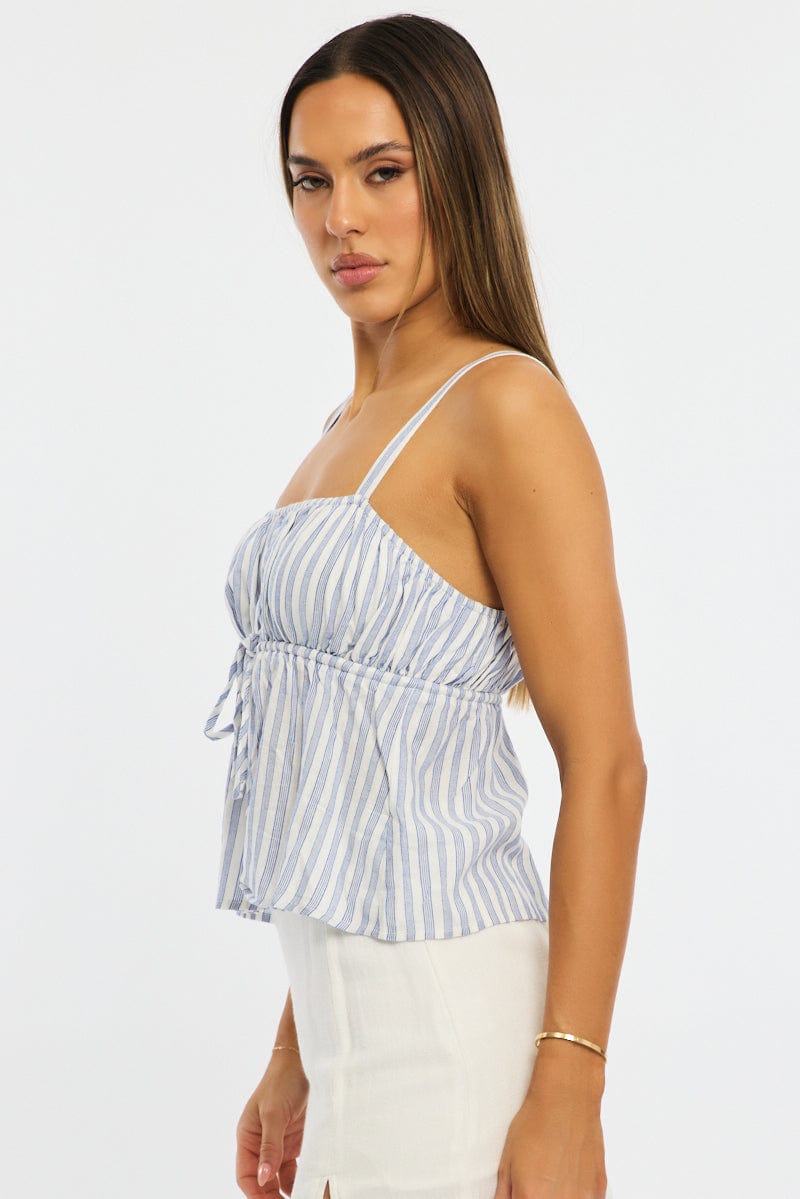 Blue Stripe Cami Top Sleeveless Front Tie Babydoll for Ally Fashion