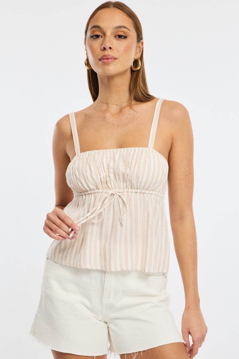 Beige Stripe Cami Top Sleeveless Front Tie Babydoll Rayon for Ally Fashion