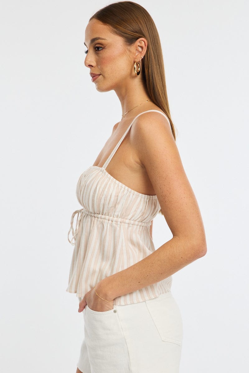 Beige Stripe Cami Top Sleeveless Front Tie Babydoll Rayon for Ally Fashion