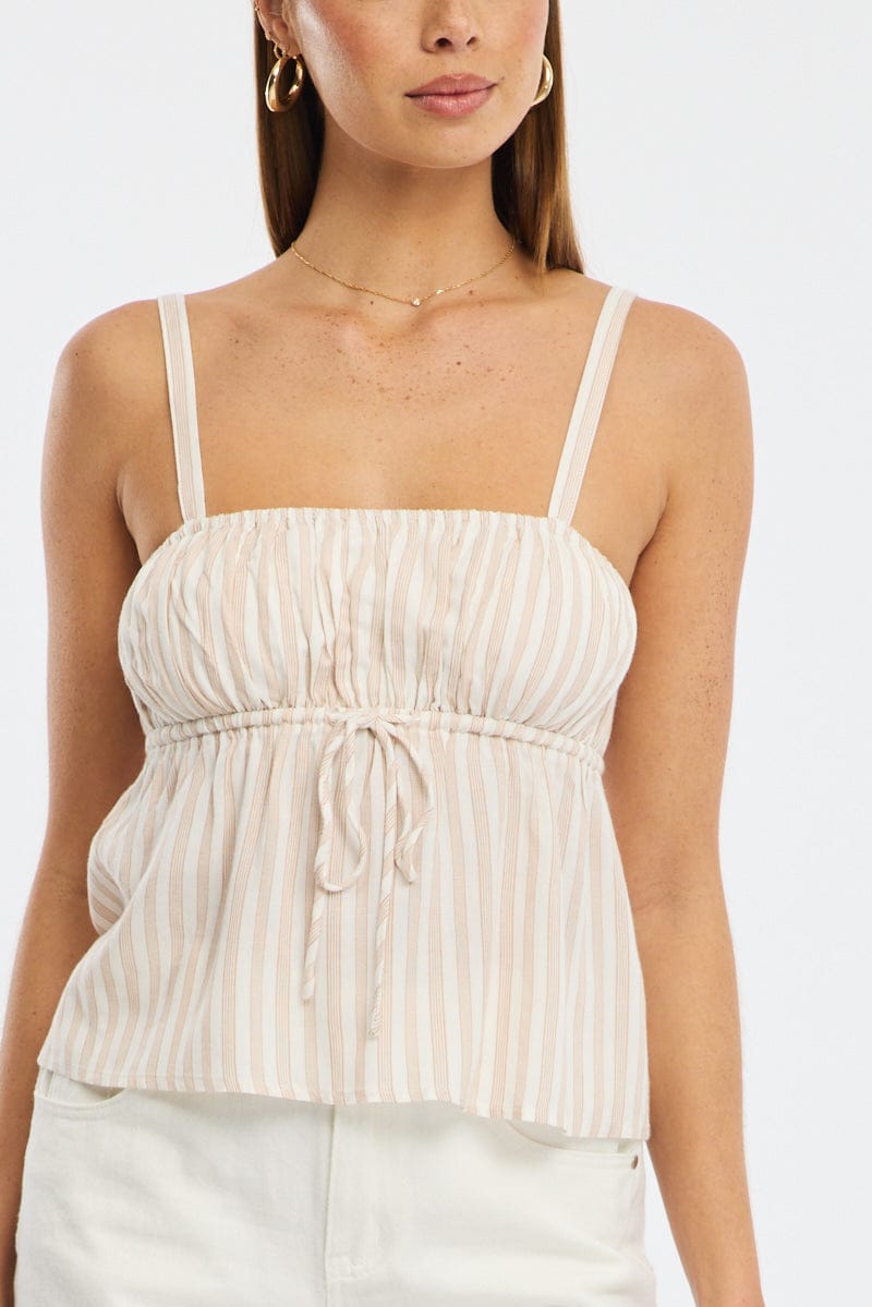 Beige Stripe Cami Top Sleeveless Front Tie Babydoll Rayon for Ally Fashion