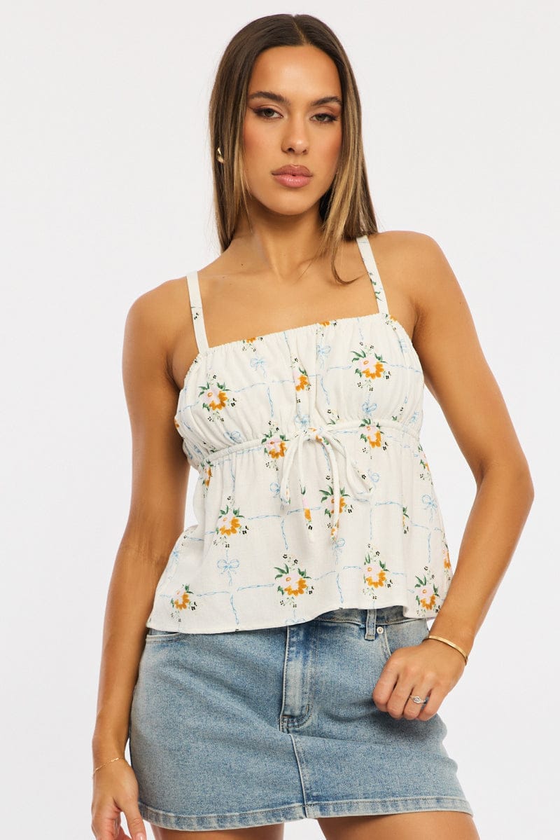 White Floral Cami Top Sleeveless Front Tie Babydoll Linen Blend for Ally Fashion