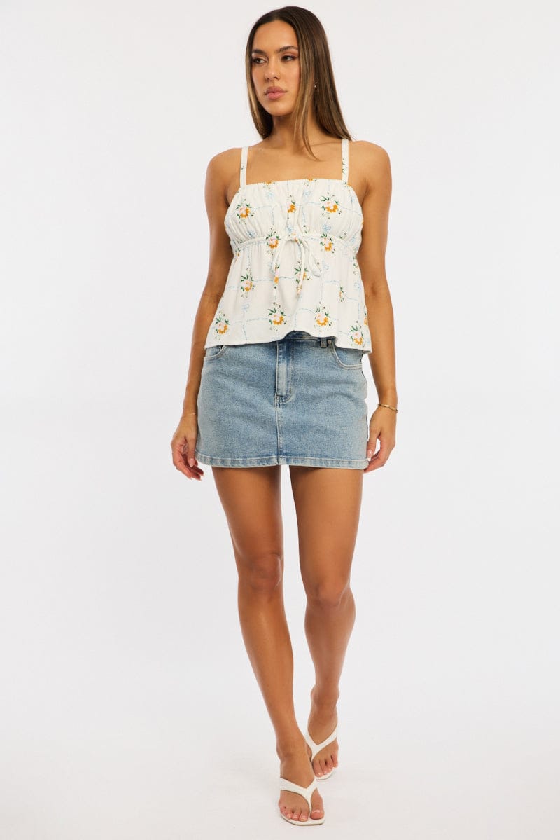 White Floral Cami Top Sleeveless Front Tie Babydoll Linen Blend for Ally Fashion