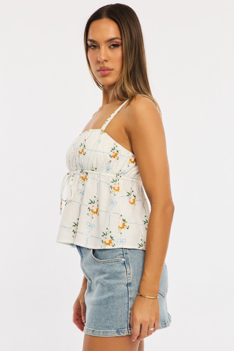 White Floral Cami Top Sleeveless Front Tie Babydoll Linen Blend for Ally Fashion