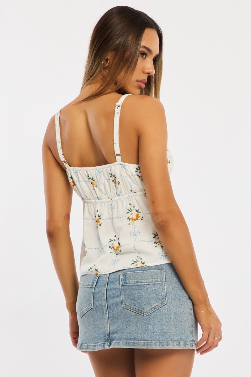 White Floral Cami Top Sleeveless Front Tie Babydoll Linen Blend for Ally Fashion