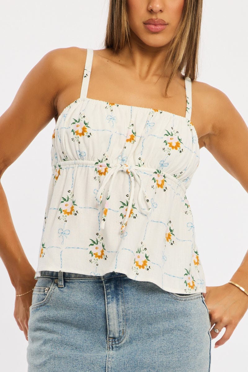 White Floral Cami Top Sleeveless Front Tie Babydoll Linen Blend for Ally Fashion