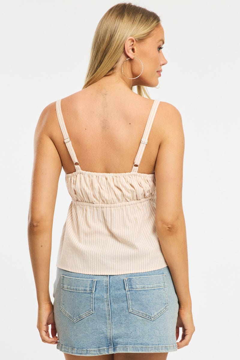 Beige Stripe Cami Top Sleeveless Front Tie Babydoll for Ally Fashion