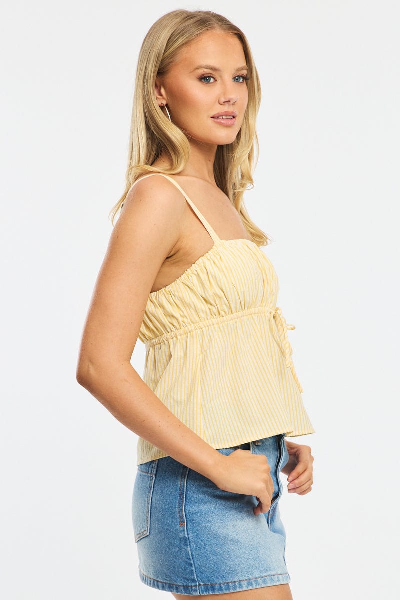 Yellow Stripe Cami Top Sleeveless Front Tie Babydoll for Ally Fashion