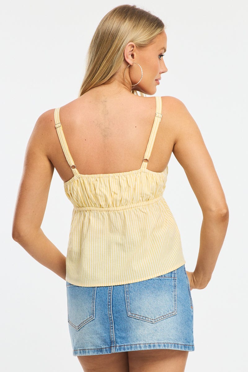 Yellow Stripe Cami Top Sleeveless Front Tie Babydoll for Ally Fashion