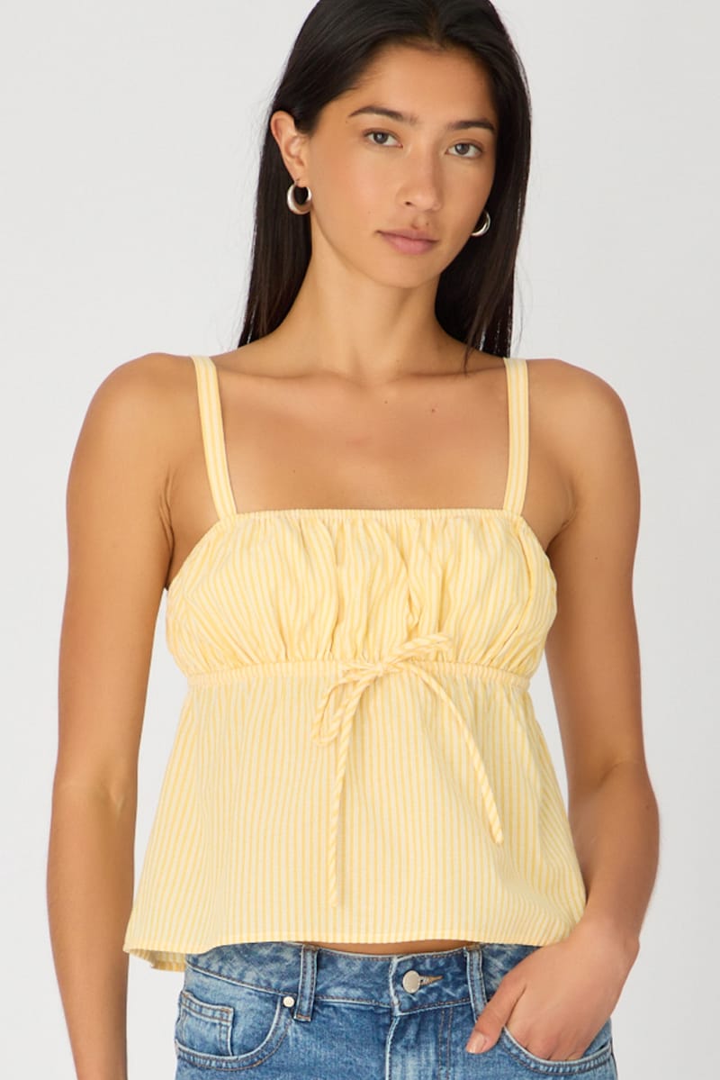 Yellow Stripe Cami Top Sleeveless Front Tie Babydoll for Ally Fashion