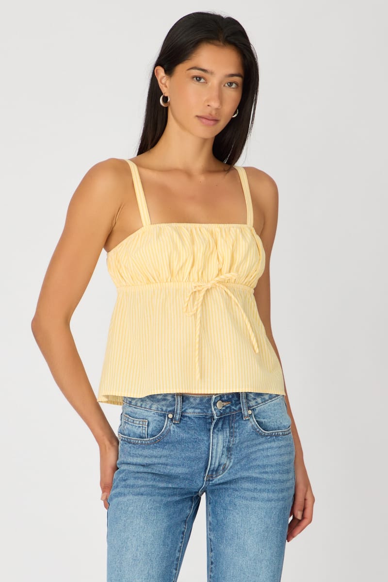 Yellow Stripe Cami Top Sleeveless Front Tie Babydoll for Ally Fashion