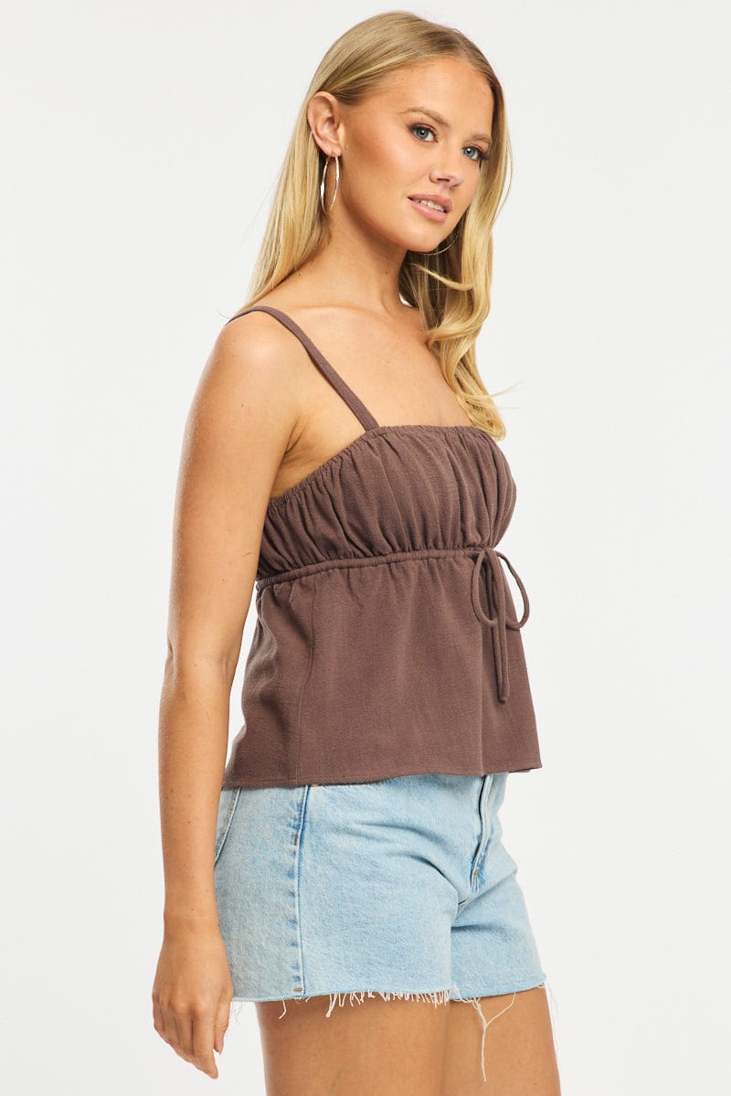 Brown Cami Top Sleeveless Front Tie Babydoll Linen Blend for Ally Fashion
