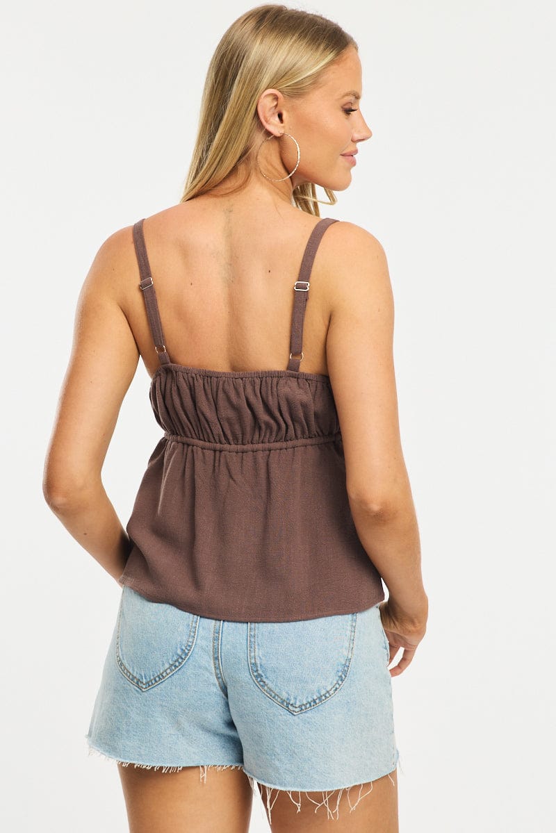Brown Cami Top Sleeveless Front Tie Babydoll Linen Blend for Ally Fashion
