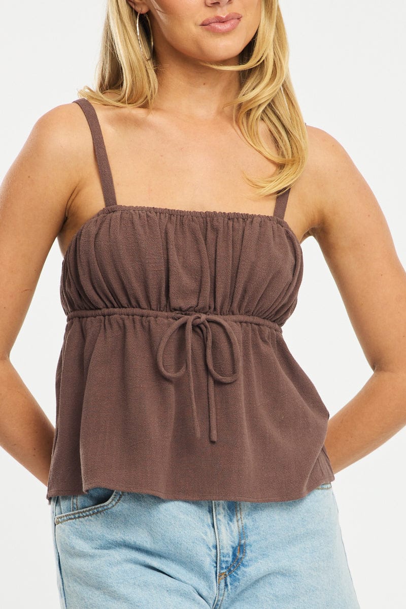 Brown Cami Top Sleeveless Front Tie Babydoll Linen Blend for Ally Fashion