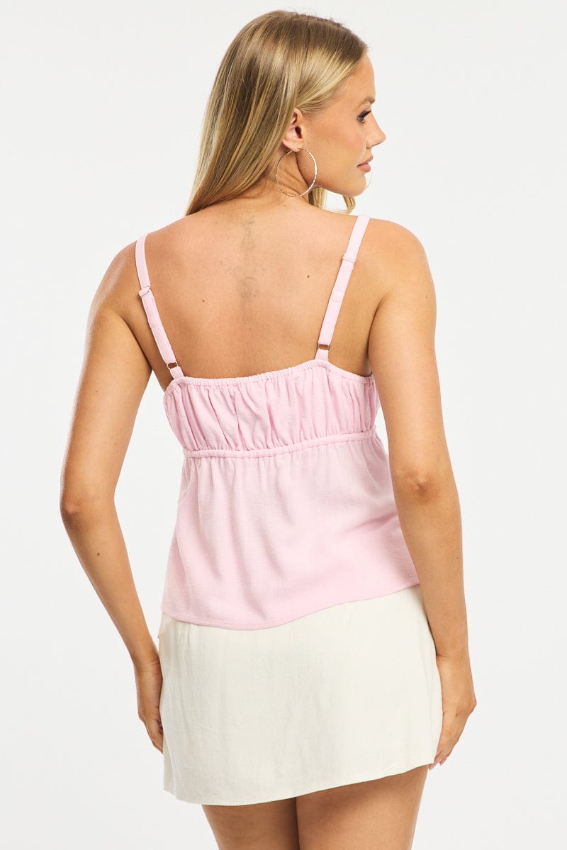 Pink Cami Top Sleeveless Front Tie Babydoll Linen Blend for Ally Fashion