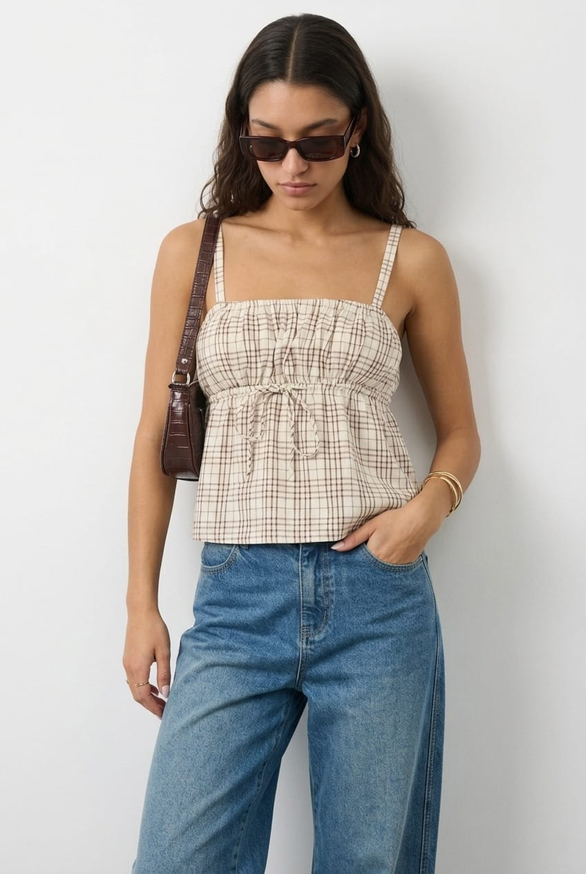 Brown Check Cami Top Sleeveless Front Tie Babydoll for Ally Fashion